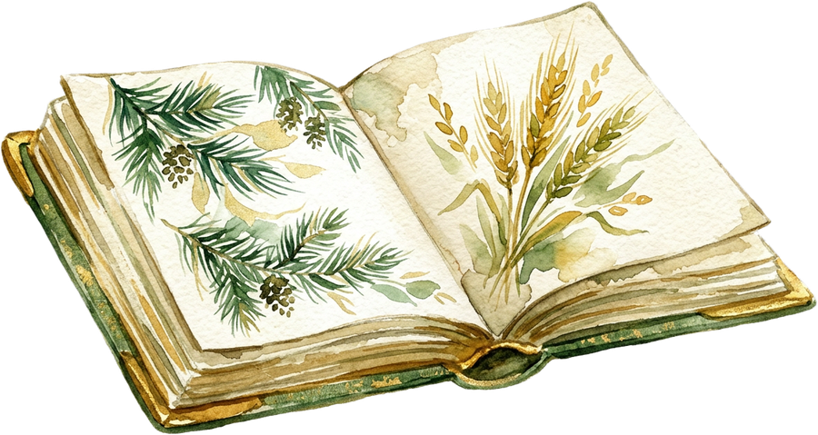 An open book, one page of pine, one of wheat — her two novels' worlds