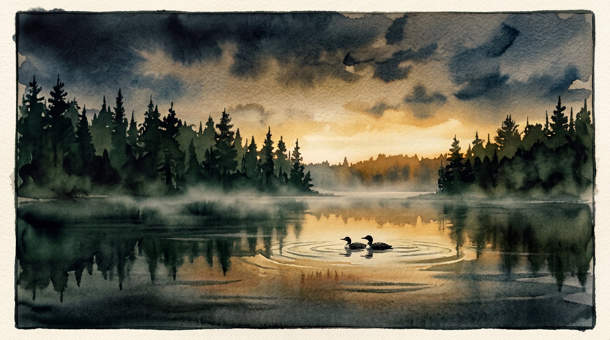 Watercolor of a misty Northwoods lake at dusk with a pair of loons