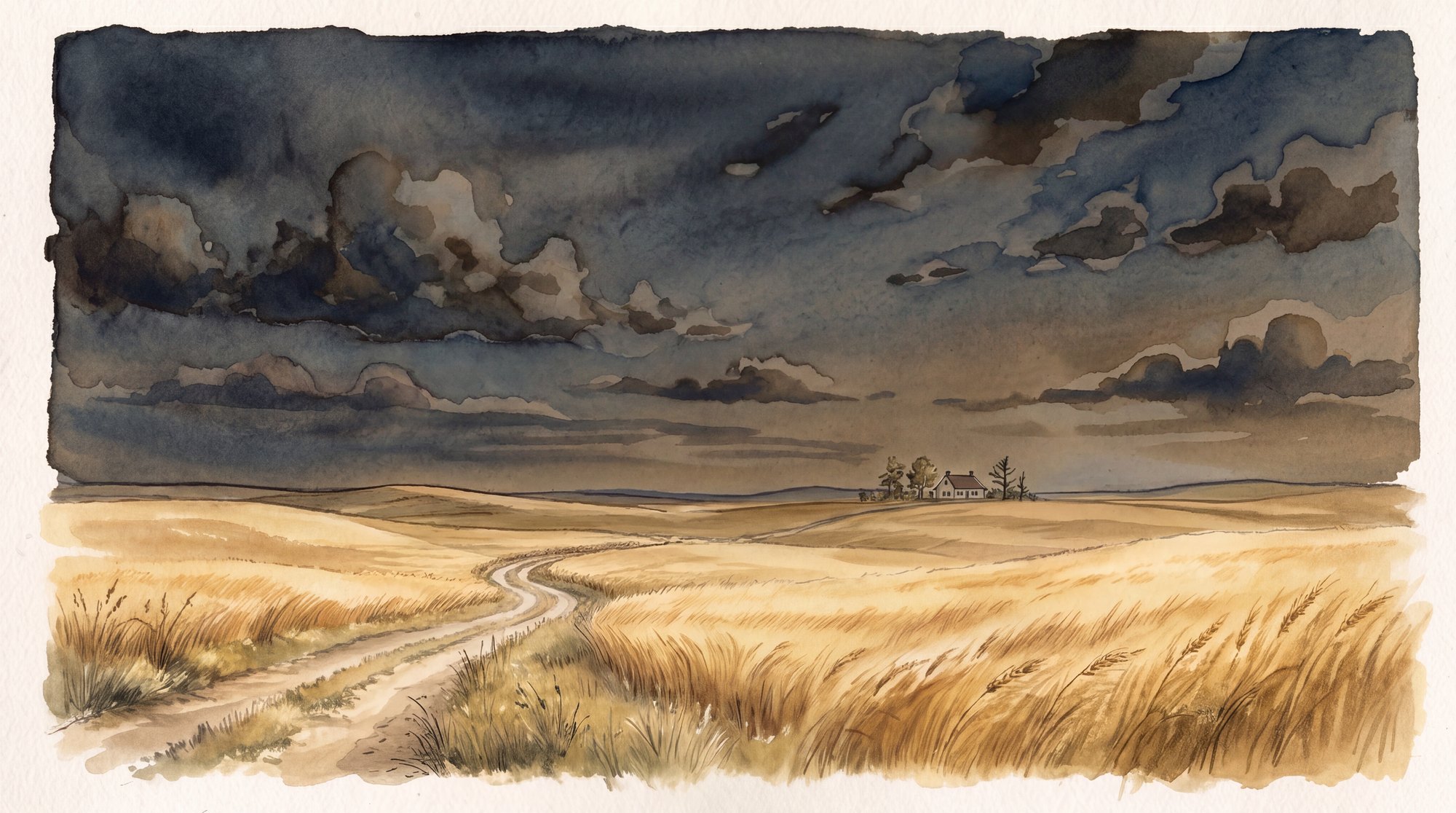 Watercolor of the 1925 Saskatchewan prairie, a track winding to a lone homestead